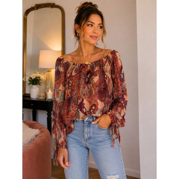 new directions Tops - New Directions Paisley Peasant Blouse Size L Boho Off-Shoulder Tie Sleeve Top
